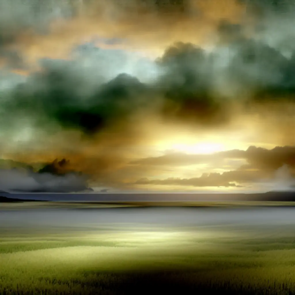 Koncept art przedstawiający mglistą równinę Limgrave o świcie