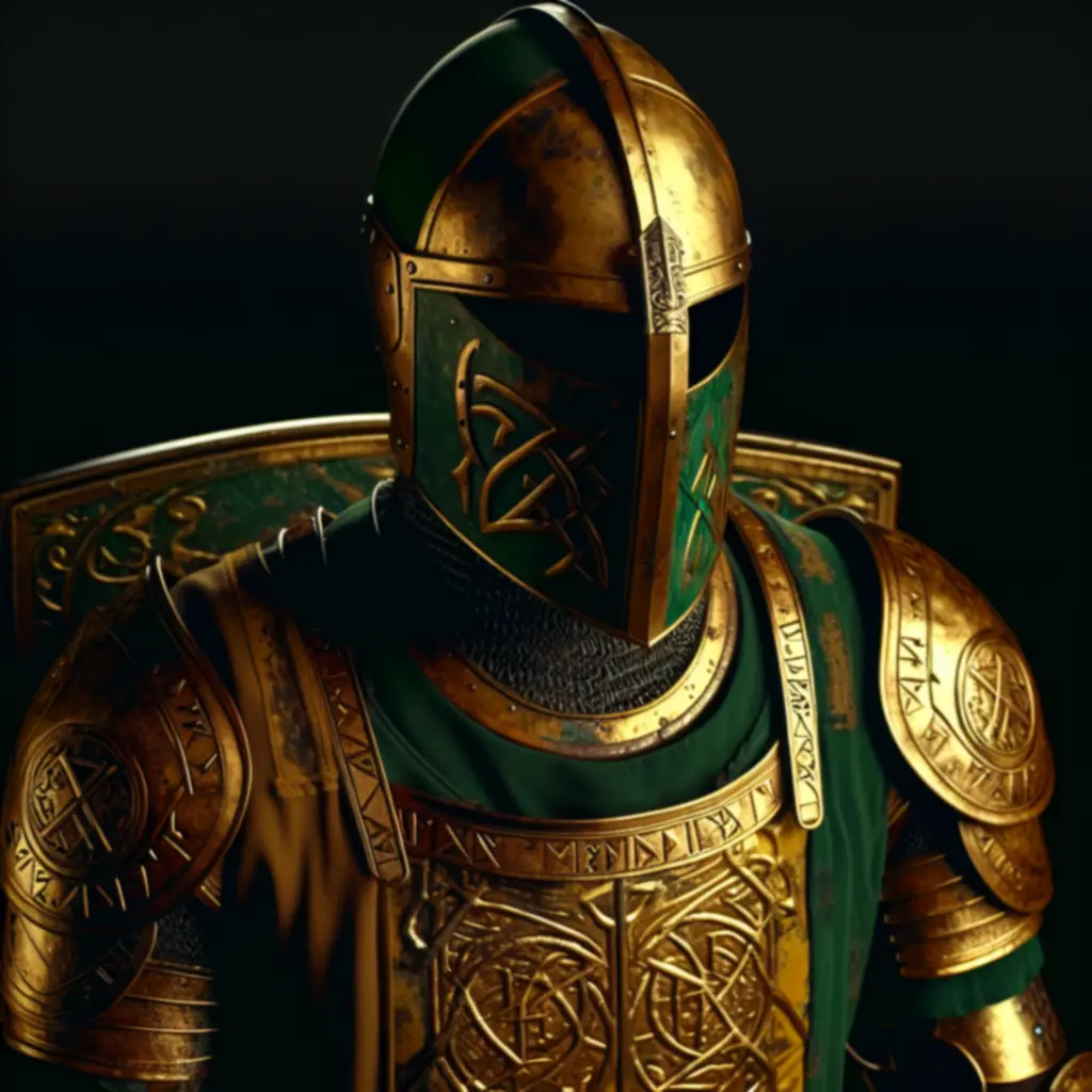 Portret rycerza w złoto-szmaragdowej zbroi z runicznymi zdobieniami