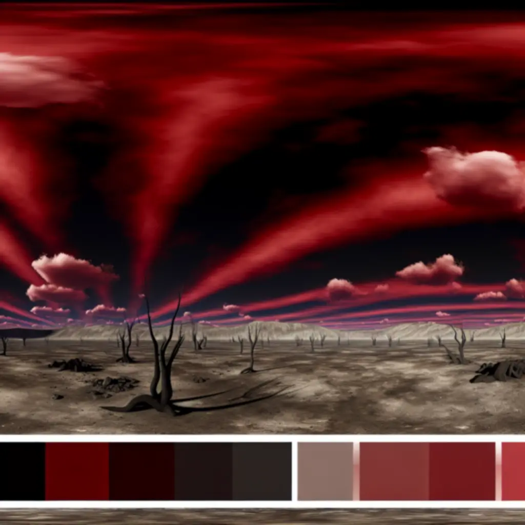 Mroczny krajobraz Kaelid z czerwonym niebem i uschniętymi drzewami