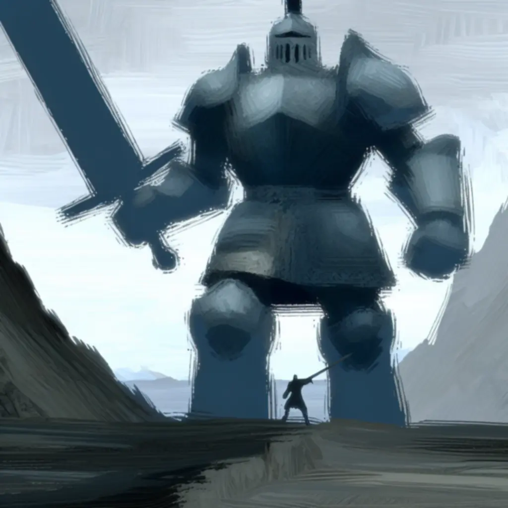 Szkic monumentalnego rycerza w mglistym pejzażu