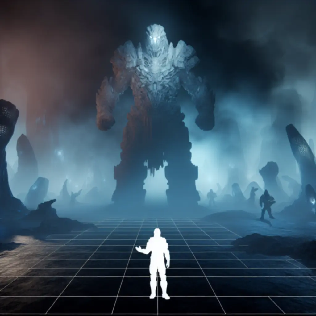 Wojownik staje naprzeciw monumentalnemu bossowi w złocistej poświacie