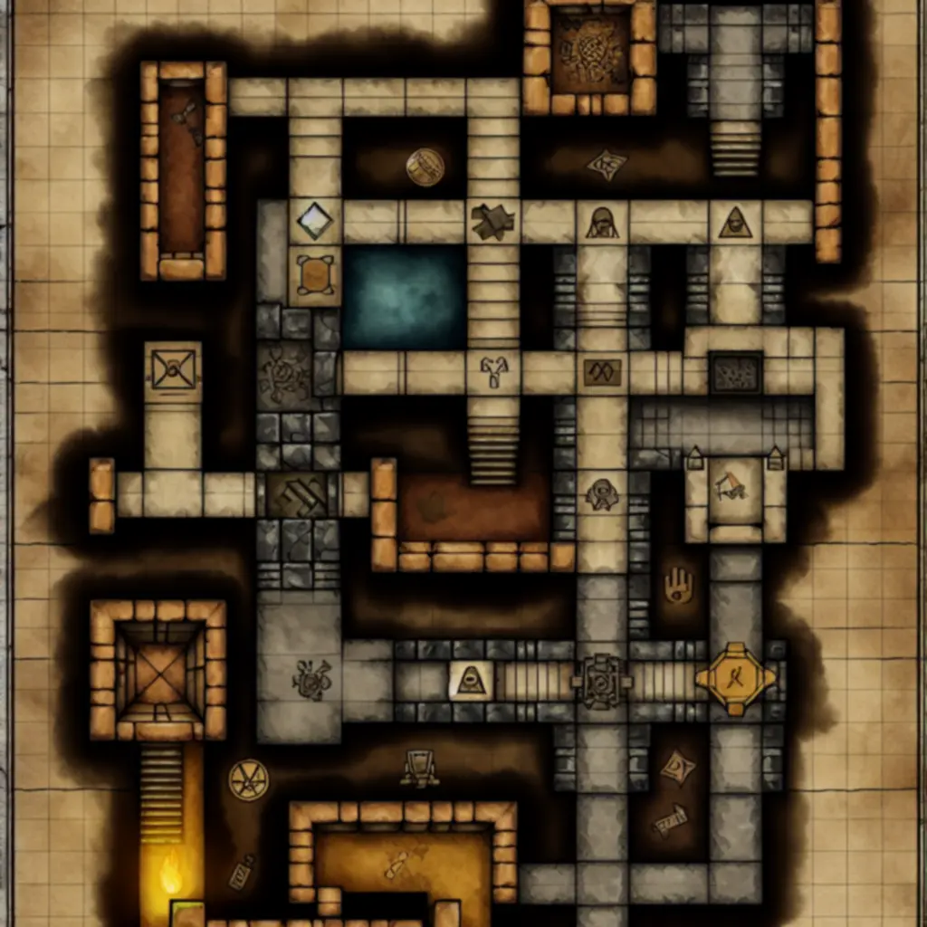 Przykładowa mapa lochu z zaznaczonymi pułapkami i skrótami