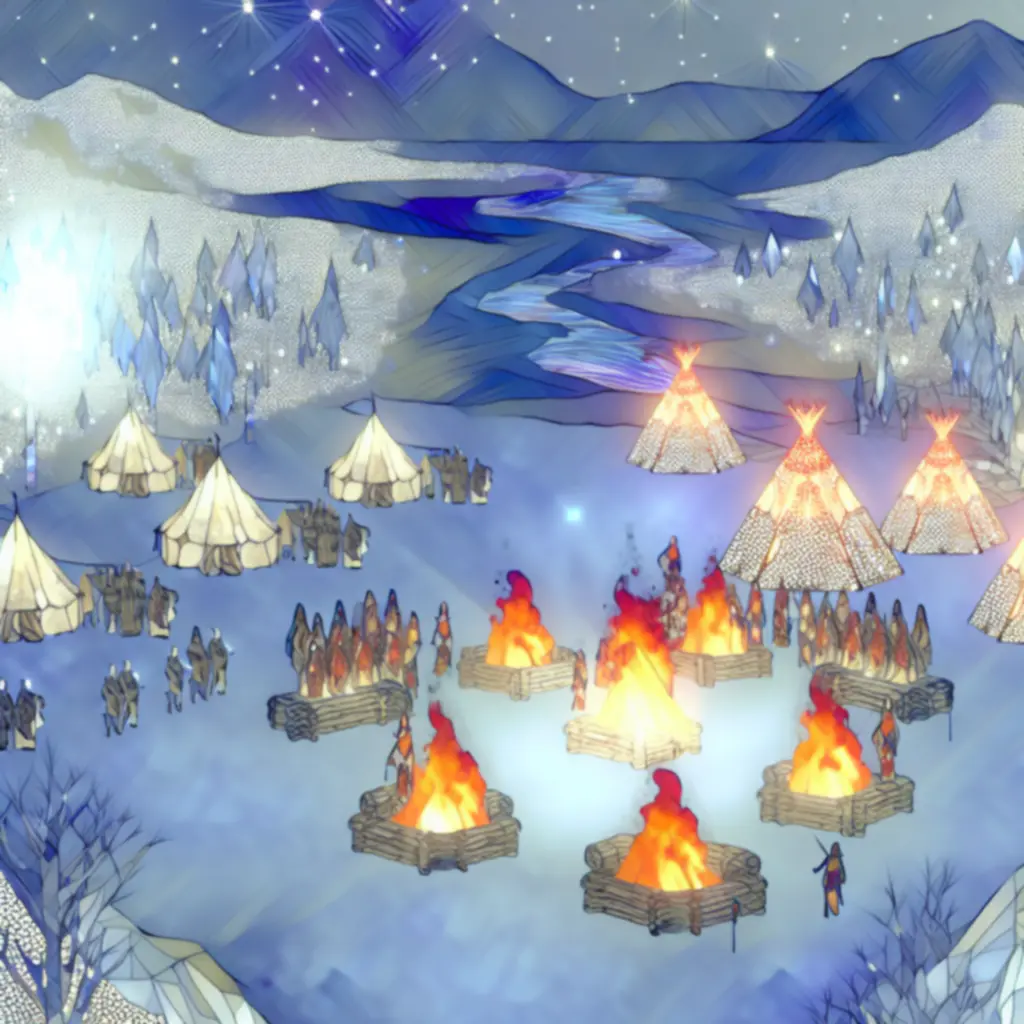 Zimowy festiwal w Elden Ring z lodowymi akcentami i ogniskami