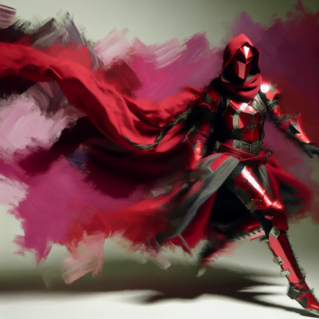 Fan art przedstawiający wojowniczkę z karmazynowym płaszczem