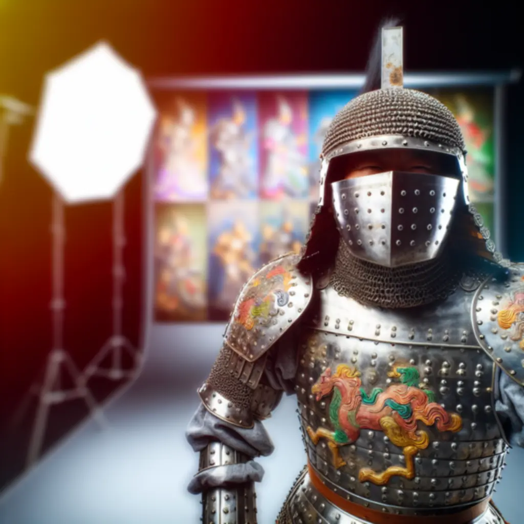 Cosplay rycerza w ornamentowanej zbroi, ujęcie kinowe