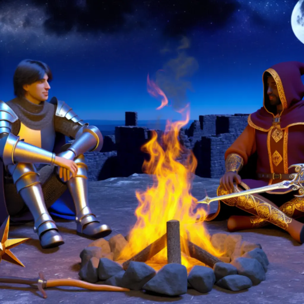 Rycerz i mag planujący rozkład atrybutów przy ognisku