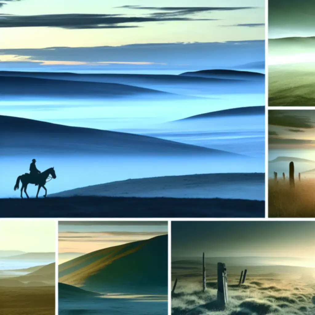 Jeździec przemierza mglistą równinę o świcie