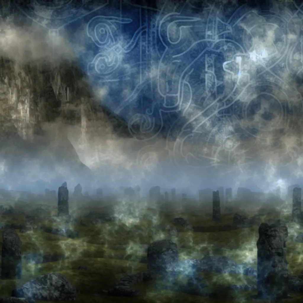 Ruiny i tajemnicze symbole w mglistej dolinie