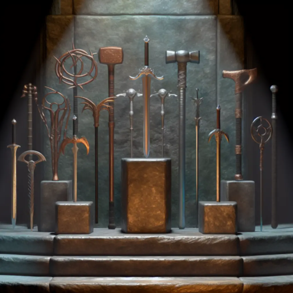 Zestaw broni spoczywający na kamiennym ołtarzu