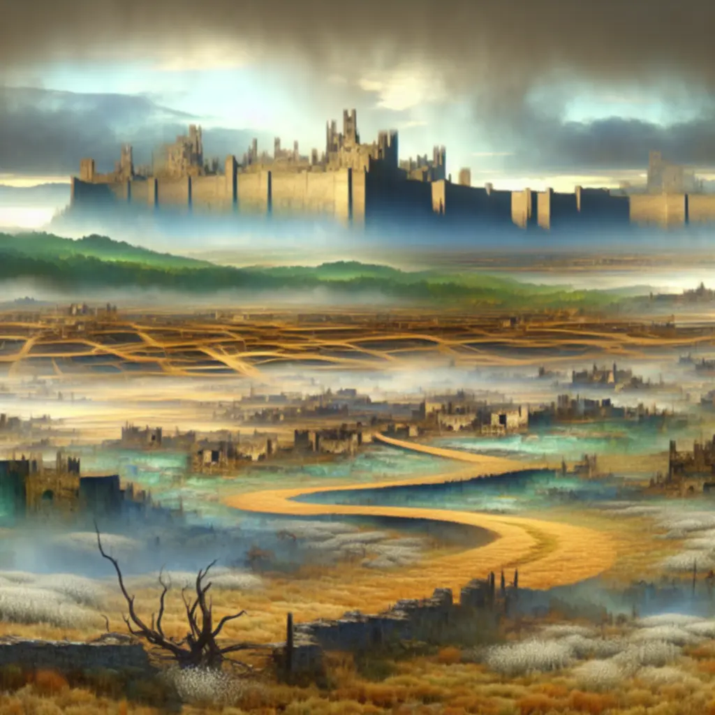 Panoramiczny widok Krain Pomiędzy z zamkami spowitymi mgłą