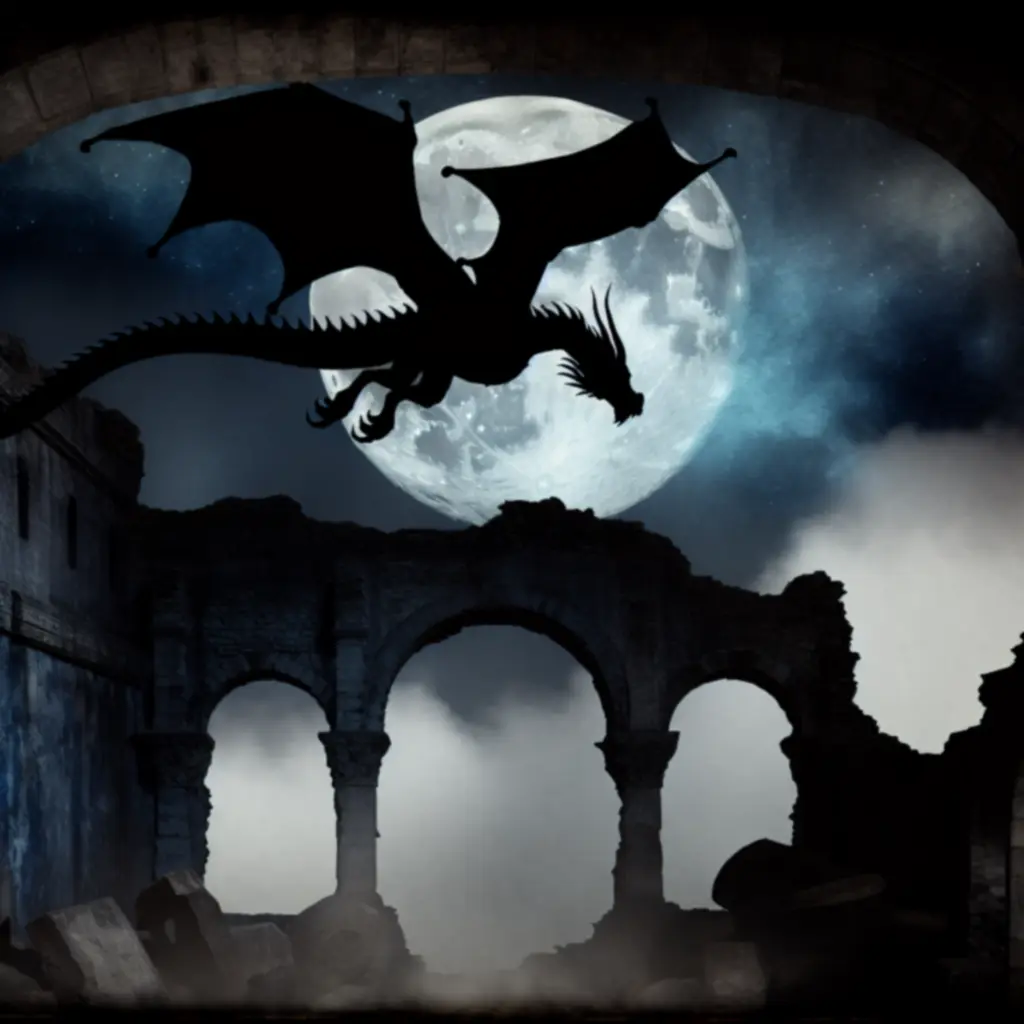 Smocza sylwetka unosząca się nad ruinami w świetle księżyca