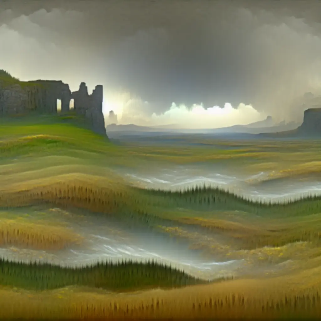 Panoramiczny widok Międzyziemia z mglistymi dolinami i starożytnymi ruinami