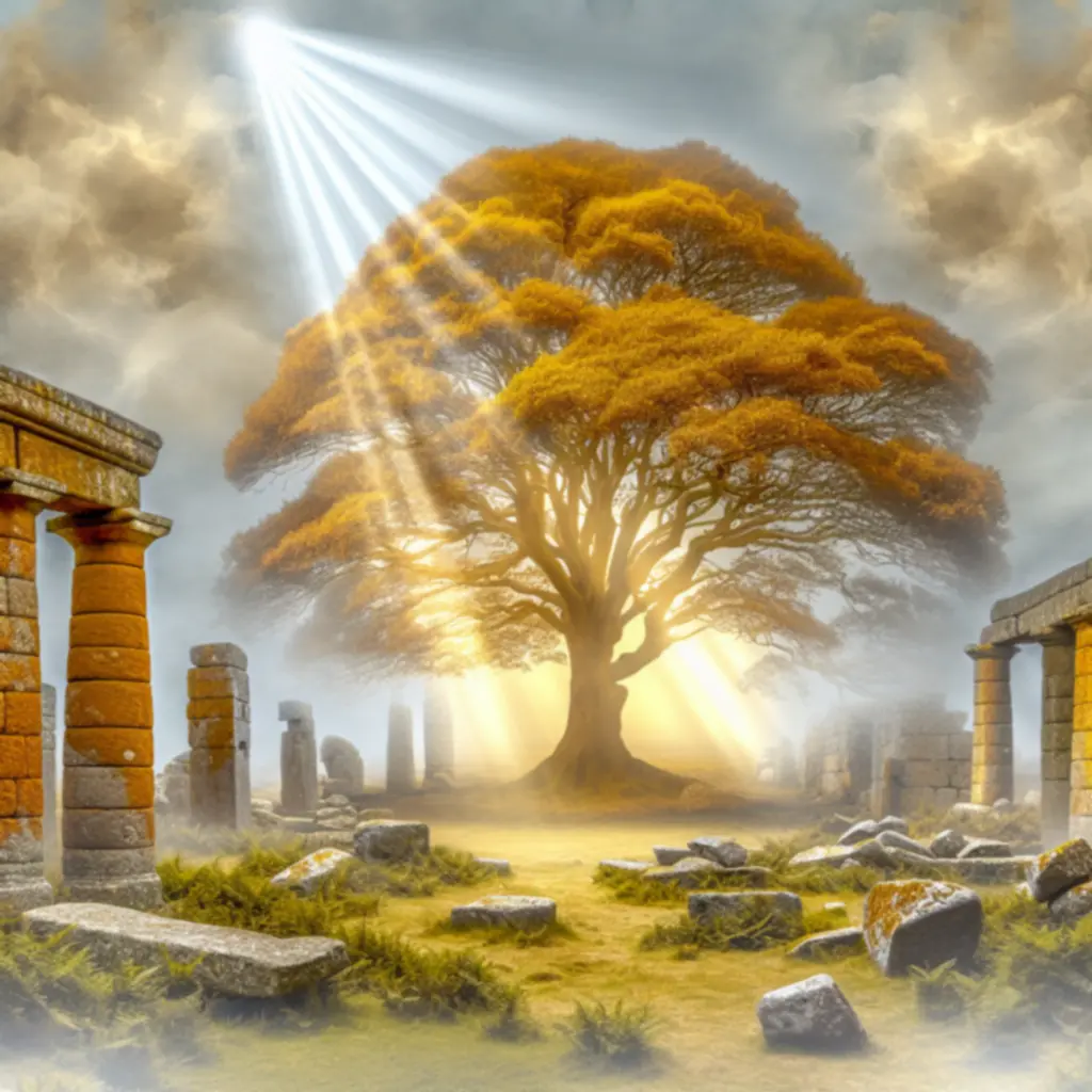 Złote Drzewo Erd widziane zza ruin, światło przebija mgłę