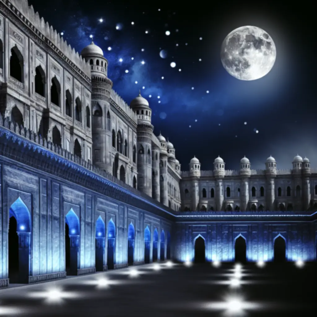 Nocna panorama z monumentalną cytadelą oświetloną księżycem