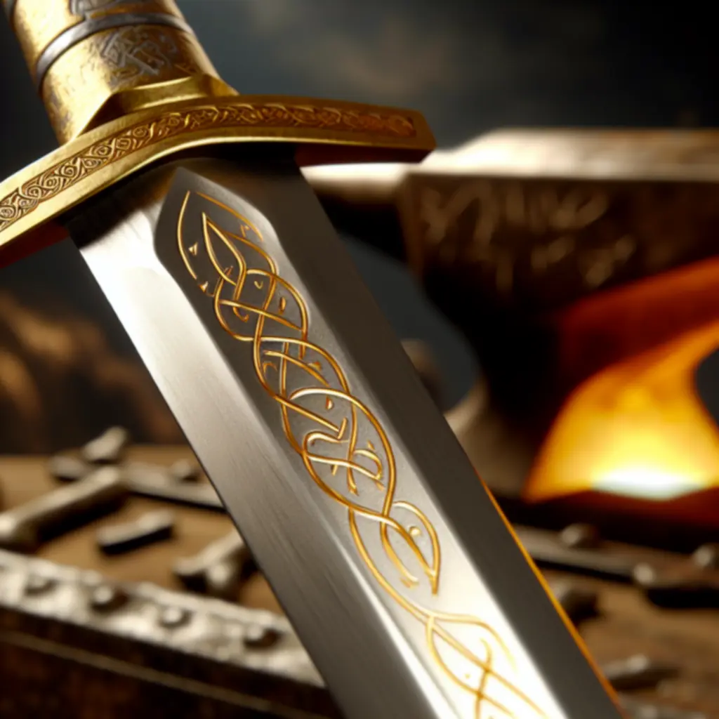 Zbliżenie na kunsztownie grawerowane ostrze w złocistej poświacie