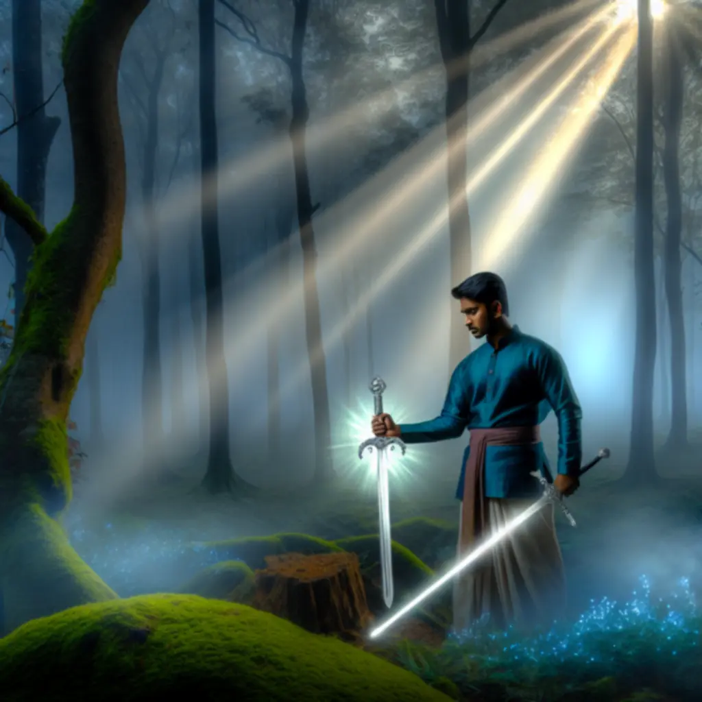 Wojownik dzierżący zaklętą broń w mglistym lesie