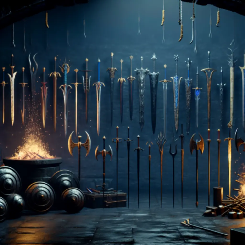 Dramatyczna prezentacja legendarnych broni Elden Ring w mrocznej scenerii